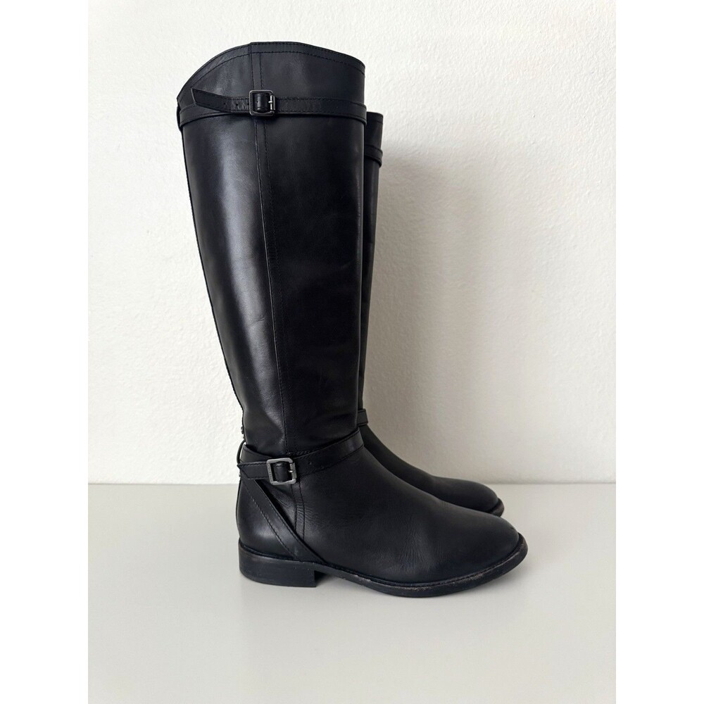 Antonio Melani Black Leather Riding Boots Equestrian Buckle Knee High 7.5M